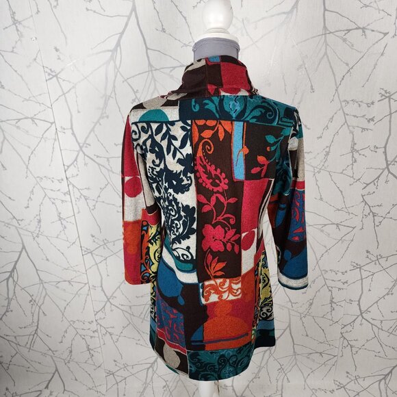 Funsport Colorful Artsy Patchwork Print Stretch Knit Cowl Neck Tunic Dress - Picture 3 of 5